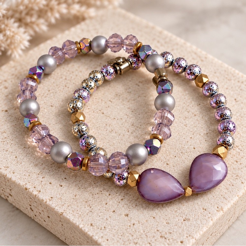 Elegant Beaded Bracelet Set in Purple and Gold